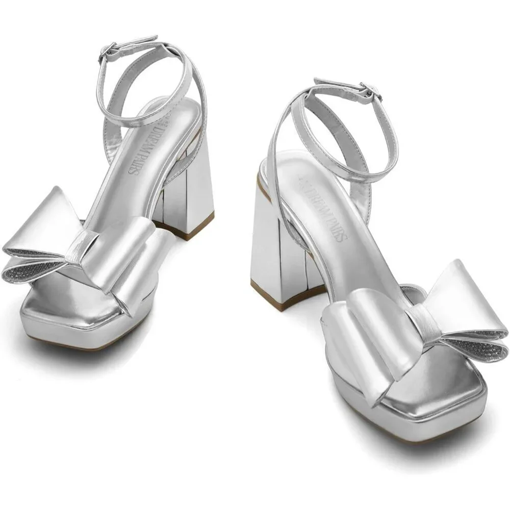 Dream Pairs Women Silver Chunky Heels Fashion High Block Square Toe Dress Sandal